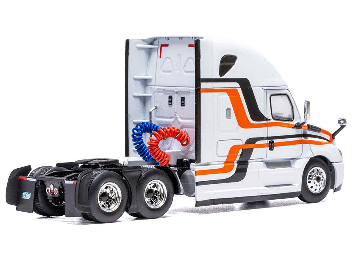 2018 Freightliner Cascadia Truck Tractor White with Black and Orange Stripes 1/64 Diecast Model by IXO Models