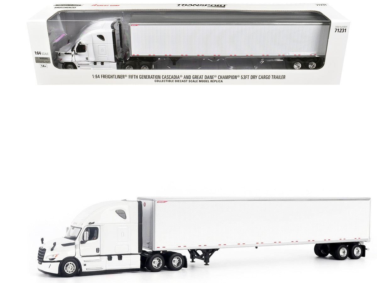 2025 Freightliner Cascadia Gen-5 Truck Tractor with Sleeper and Great Dane Champion 53ft Dry Cargo Trailer Winter White "Transport Series" 1/64 Diecast Model by Diecast Masters