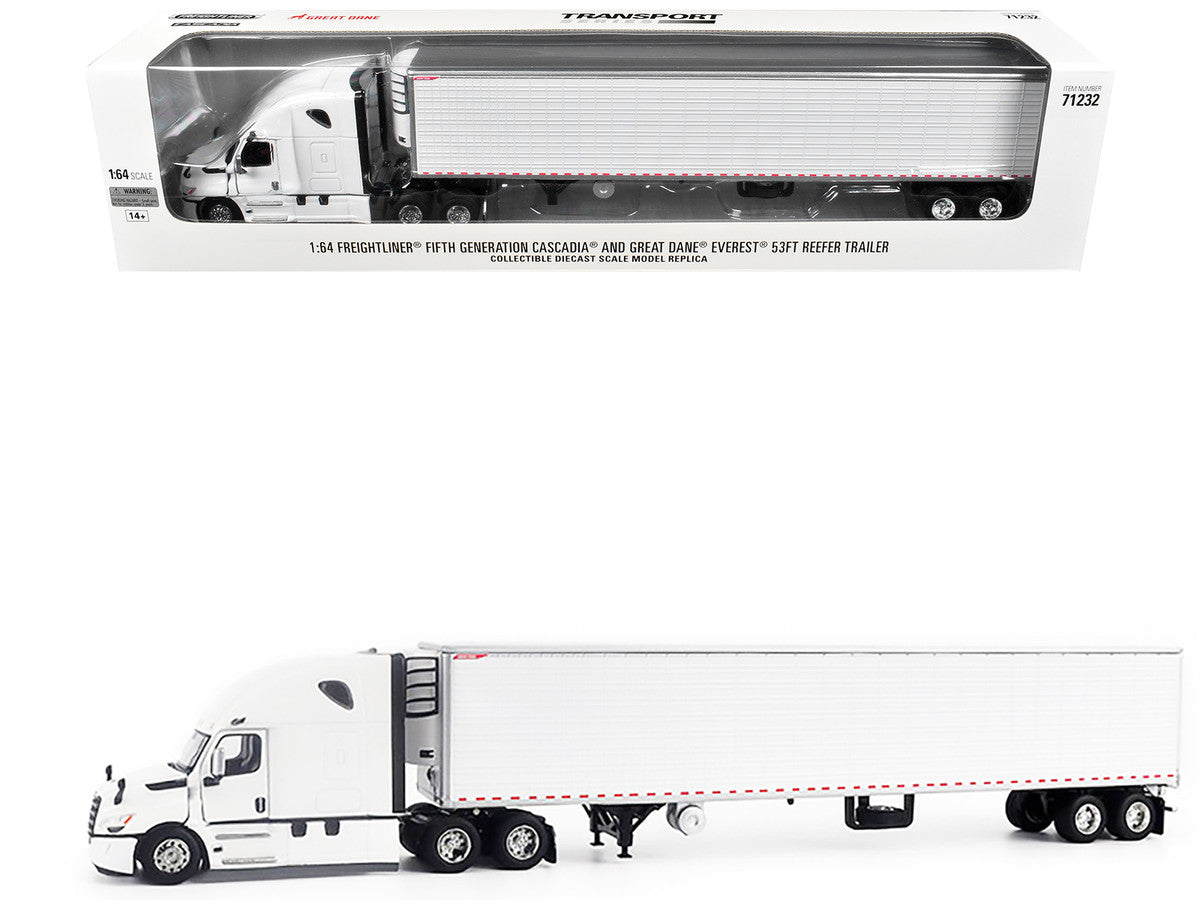 2025 Freightliner Cascadia Gen-5 Truck Tractor with Sleeper and Great Dane Champion 53ft Refrigerated Trailer Winter White "Transport Series" 1/64 Diecast Model by Diecast Masters