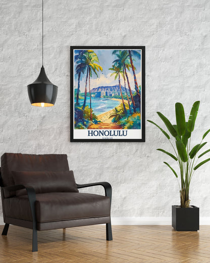 Lookrover Honolulu Waikiki Beach Aloha Tower Diamond Head Travel Poster Print Wall Art