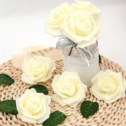 Lookrover 50pcs Ivory Artificial Foam Rose Flower Heads 7.5cm Elegant Bulk Decor