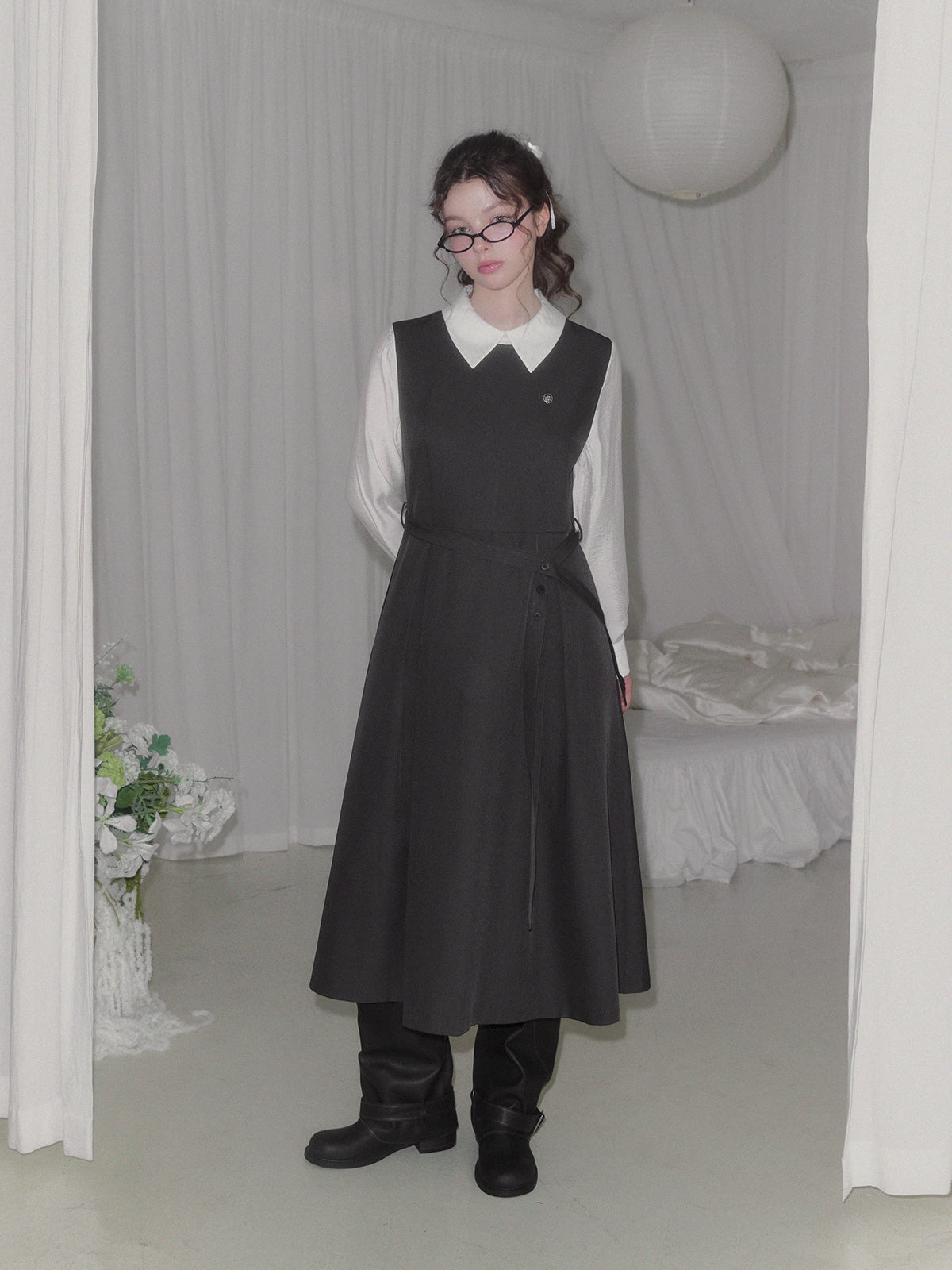 Riven shirt contrast pintuck long dress (strap set)