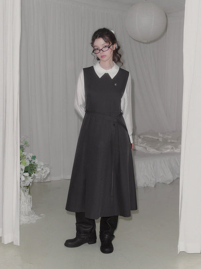 Riven shirt contrast pintuck long dress (strap set)