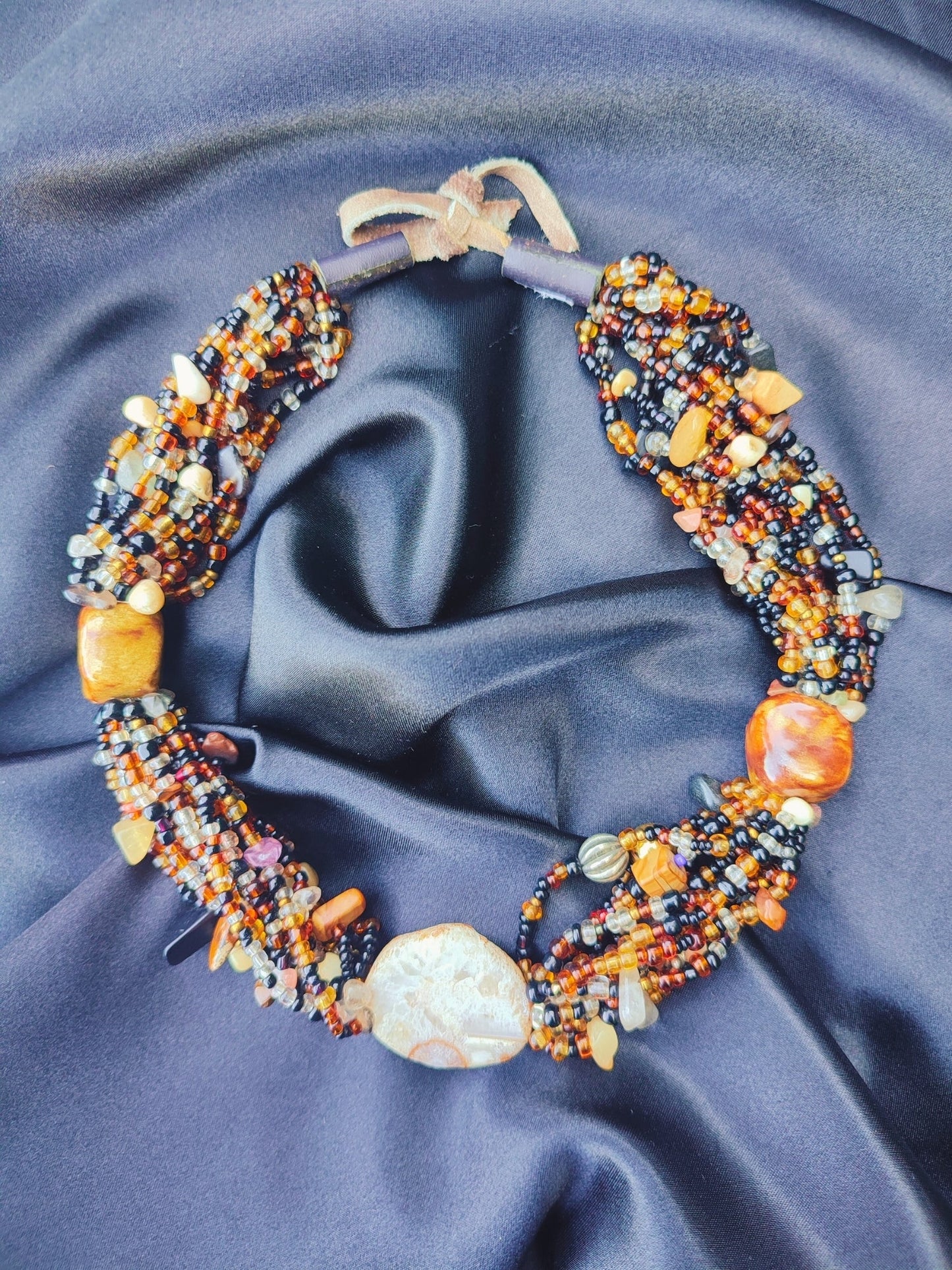Lookrover Handcrafted Multi-Strand Earth Tone Seed Bead Choker Natural Agate Statement Necklace