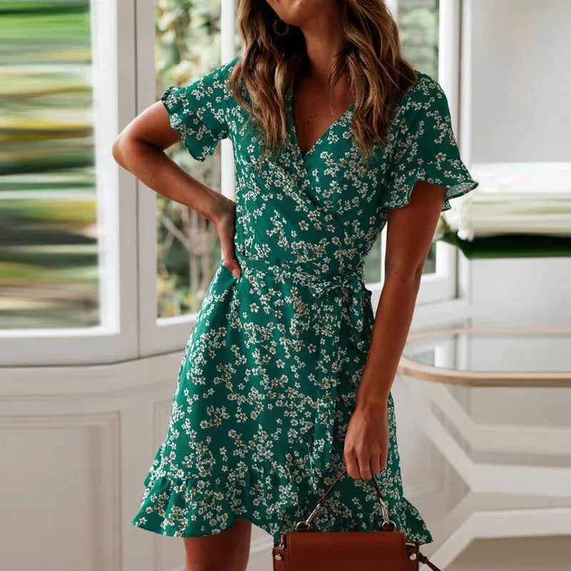 Boho Floral Chiffon Mini Dress V-Neck Ruffle Hem