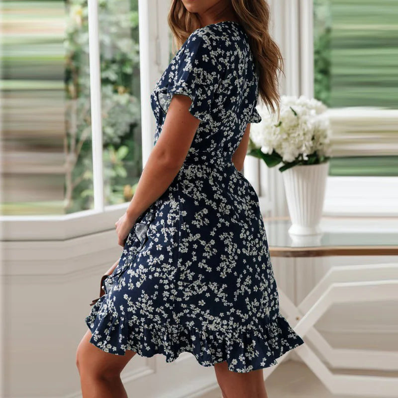 Boho Floral Chiffon Mini Dress V-Neck Ruffle Hem