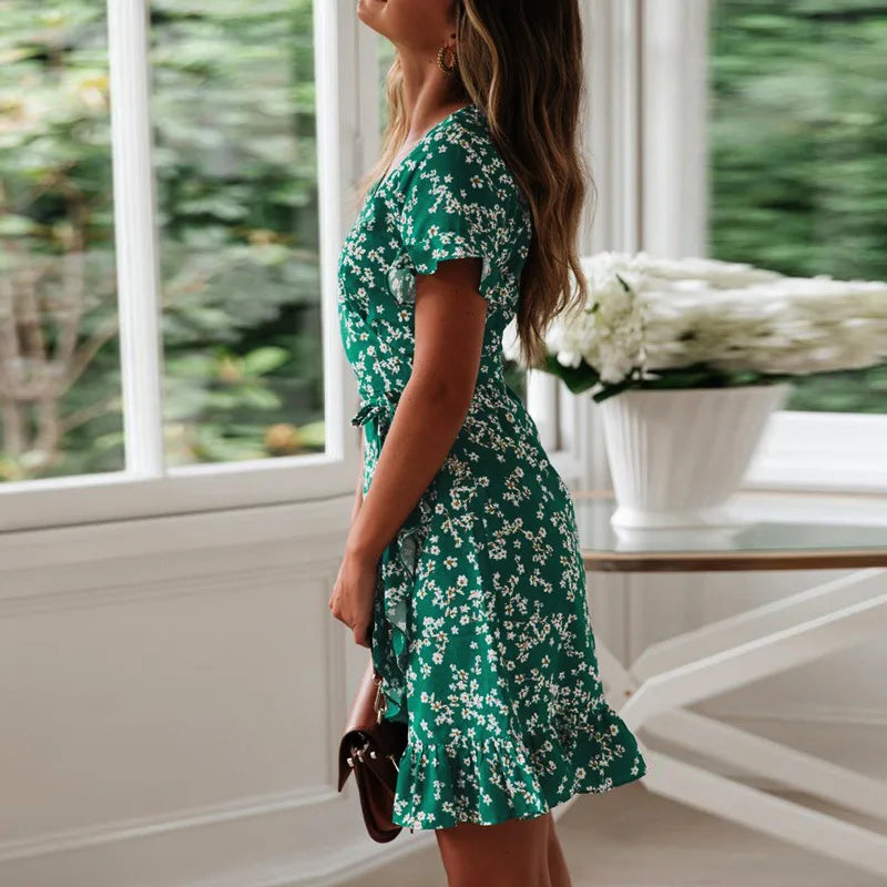 Boho Floral Chiffon Mini Dress V-Neck Ruffle Hem