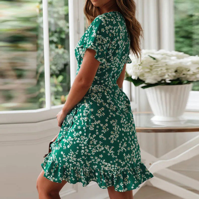 Boho Floral Chiffon Mini Dress V-Neck Ruffle Hem