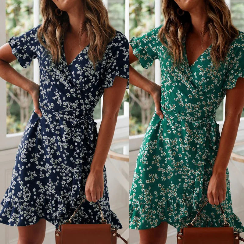 Boho Floral Chiffon Mini Dress V-Neck Ruffle Hem