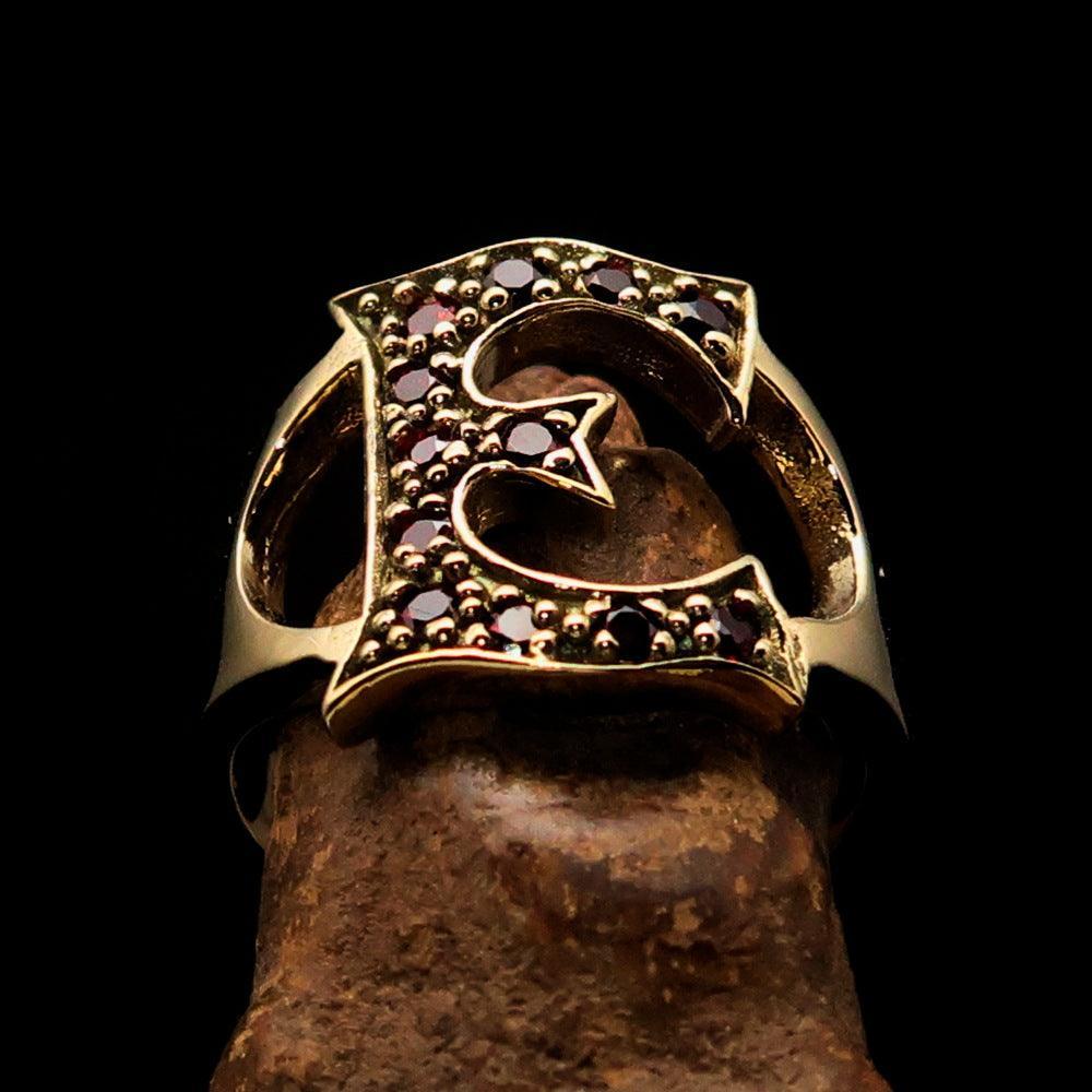 Excellent crafted Initial Ring Bold Letter E - 12 red CZ - solid Brass
