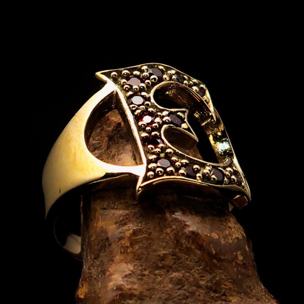 Excellent crafted Initial Ring Bold Letter E - 12 red CZ - solid Brass