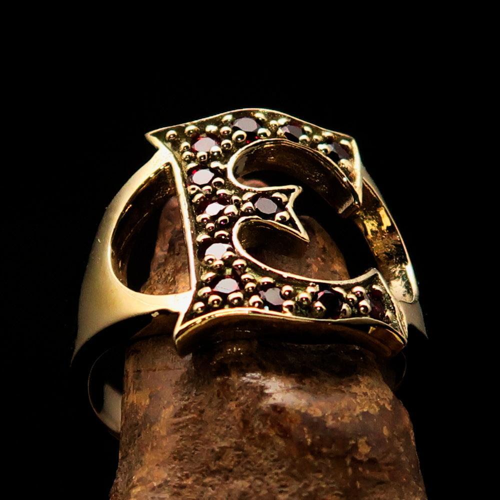 Excellent crafted Initial Ring Bold Letter E - 12 red CZ - solid Brass