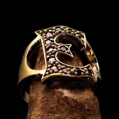 Excellent crafted Initial Ring Bold Letter E - 12 red CZ - solid Brass