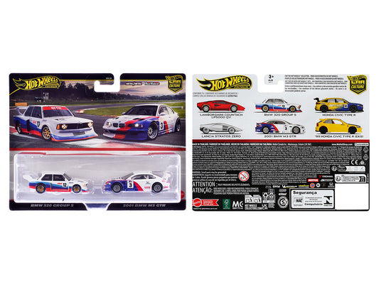 BMW 320 Group 5 #12 White with Stripes and 2001 BMW M3 GTR #3 White with Stripes "Car Culture" Set of 2 Cars Diecast Model Cars by Hot Wheels