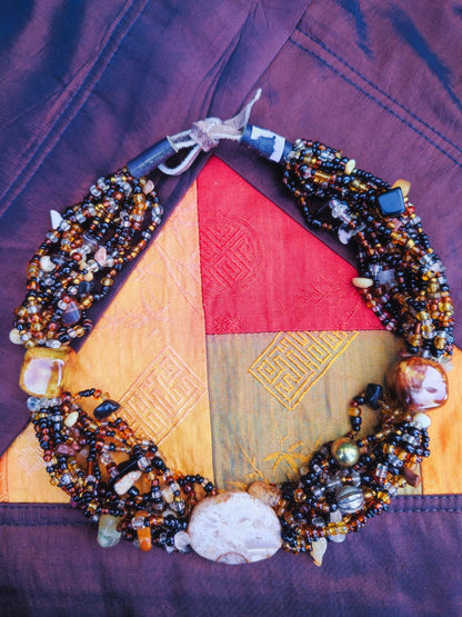 Lookrover Handcrafted Multi-Strand Earth Tone Seed Bead Choker Natural Agate Statement Necklace
