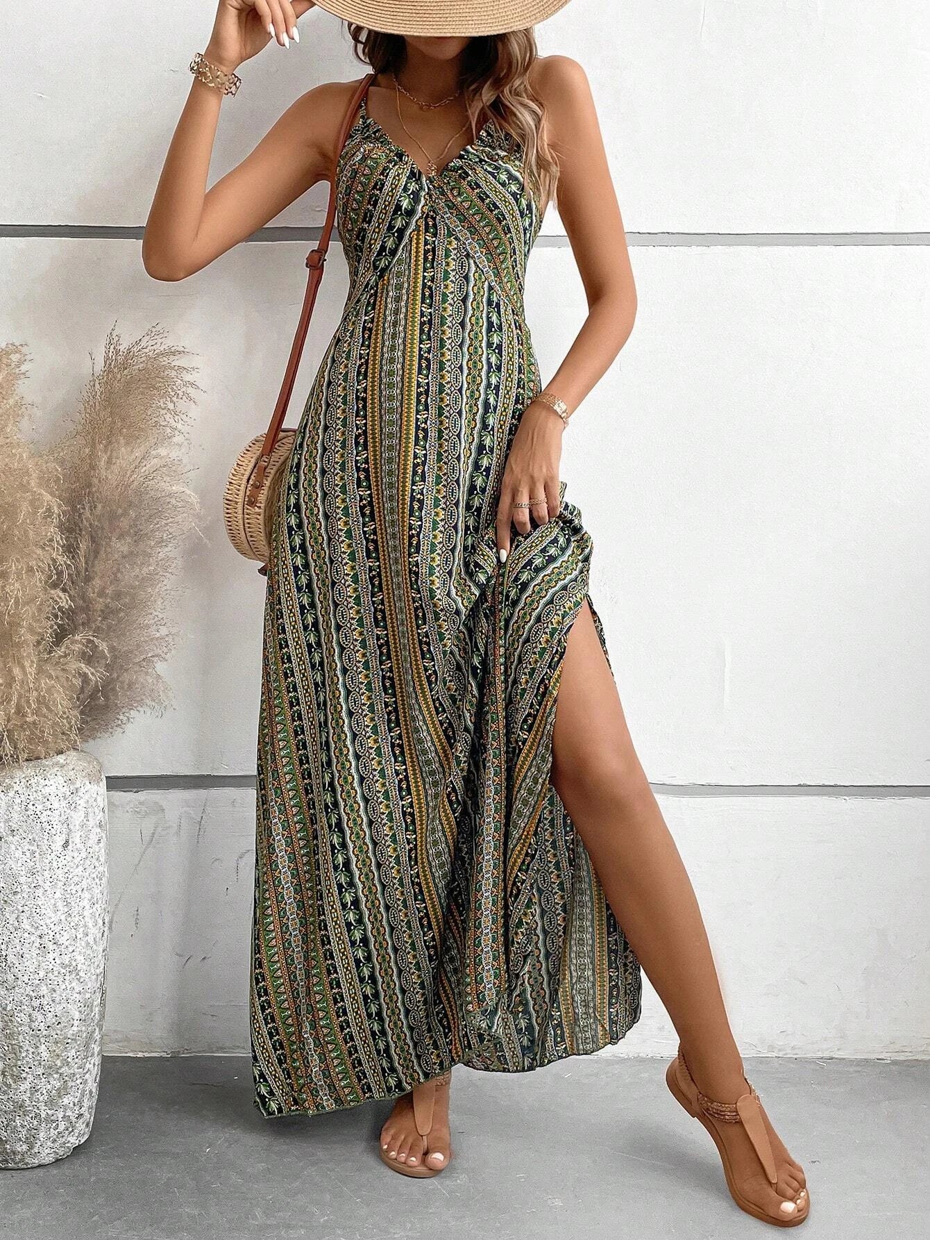 Women’s Boho V-Neck Backless Split Hem Maxi Dress