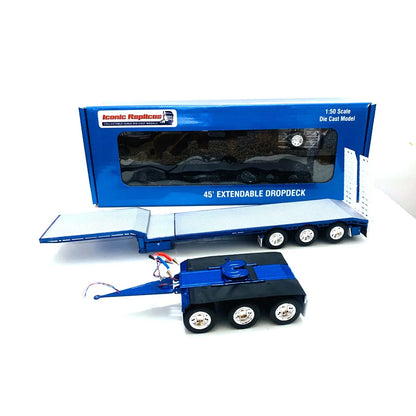 Lookrover 1:50 Die-Cast Extendable Dropdeck Trailer Truck Model 45ft Blue Scene Decoration Gift