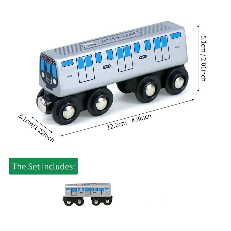 4pcs Trains Toy With Extended Silvery Body And 8-Wheel Design, Compatible With Major Wooden Train Track Brands