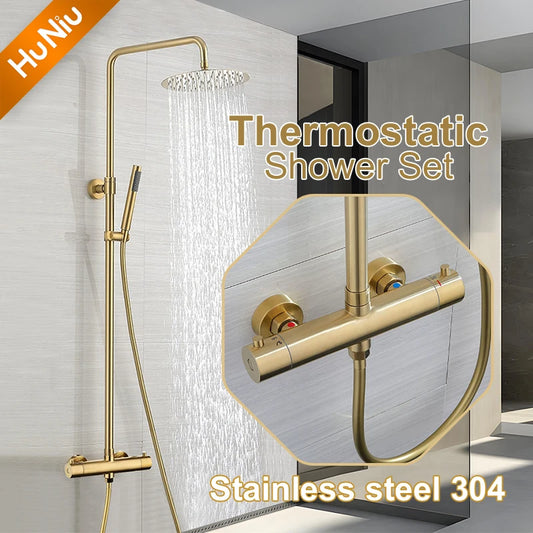 Lookrover Thermostatic Shower System Brushed Gold Wall Mount Rainfall Head