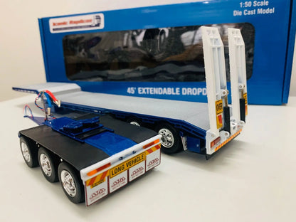 Lookrover 1:50 Die-Cast Extendable Dropdeck Trailer Truck Model 45ft Blue Scene Decoration Gift