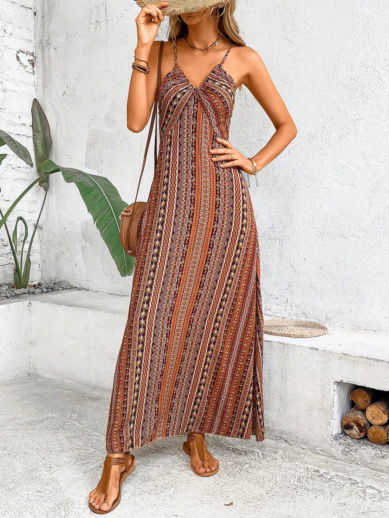 YELLOW Color Women’s Boho V-Neck Backless Split Hem Maxi Dress