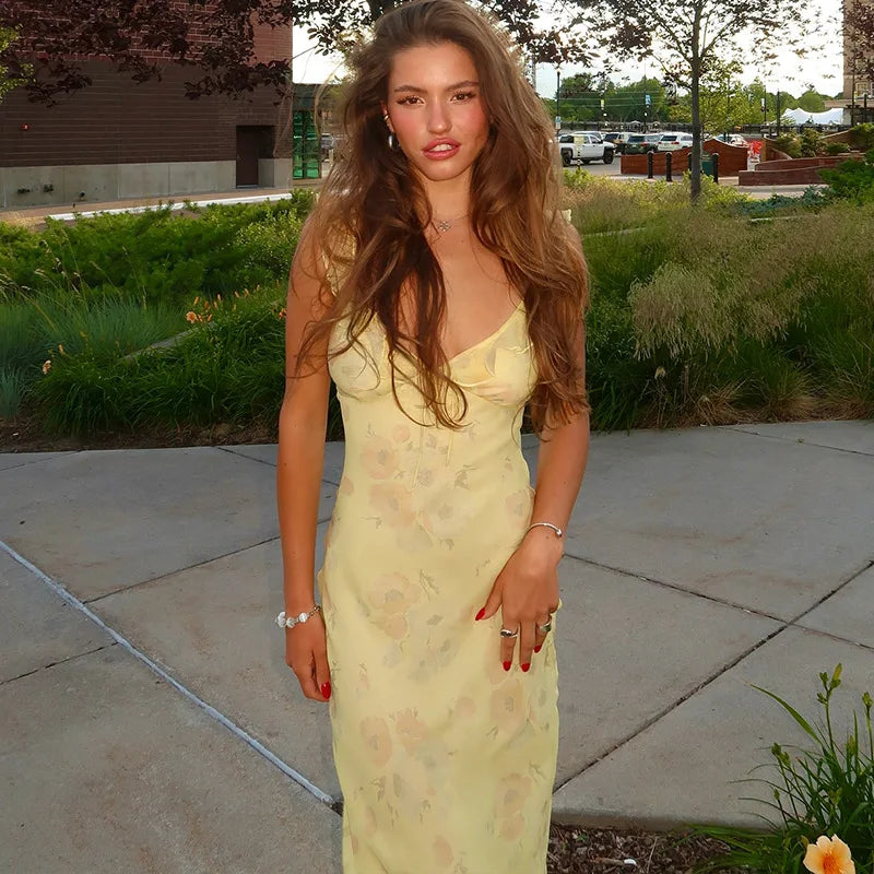 yellow Color Floral Plunge Maxi Dress – Backless Ruffle Hem