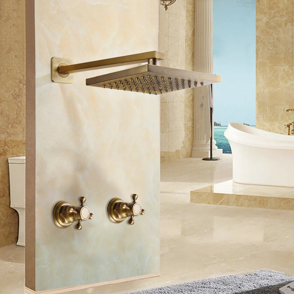 Lookrover Antique Brass Rainfall Shower Set 8 Inch Wall Mount Complete System