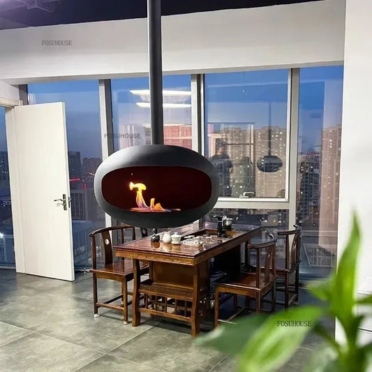 Lookrover Luxury Hanging Fireplace Iron Art Real Fire Heating Stove Living Room Porch Decor