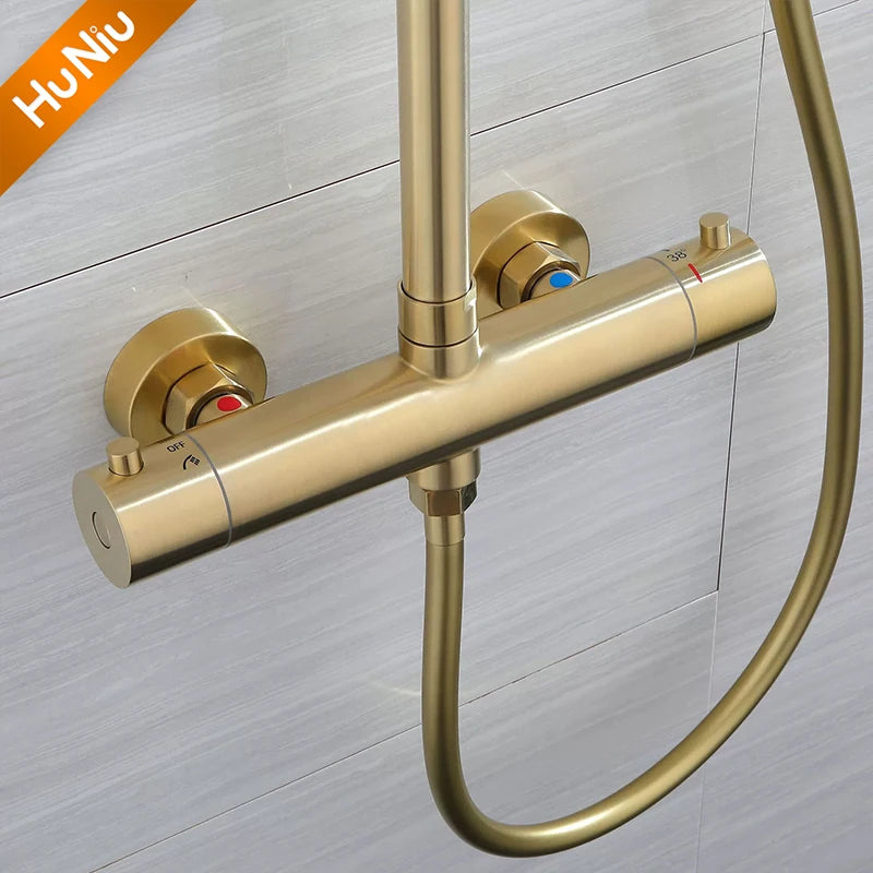 Lookrover Thermostatic Shower System Brushed Gold Wall Mount Rainfall Head