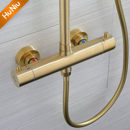 Lookrover Thermostatic Shower System Brushed Gold Wall Mount Rainfall Head