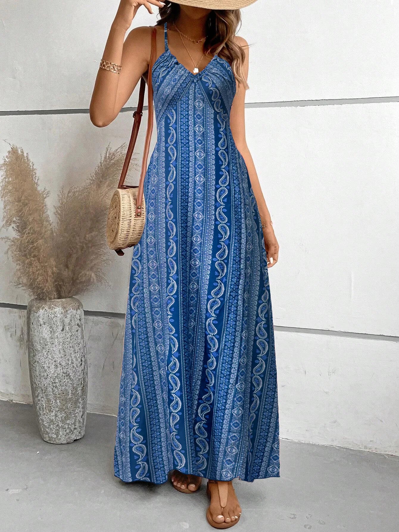 Blue Color Women’s Boho V-Neck Backless Split Hem Maxi Dress