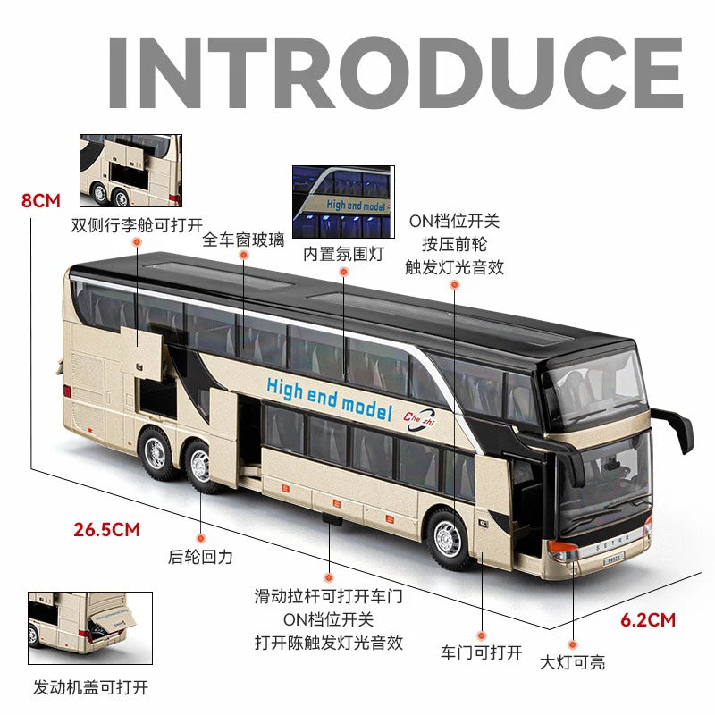 Lookrover Luxury Electric Airport Business Bus Alloy Diecast Sound Light City Tour Model Kids Toy Gift