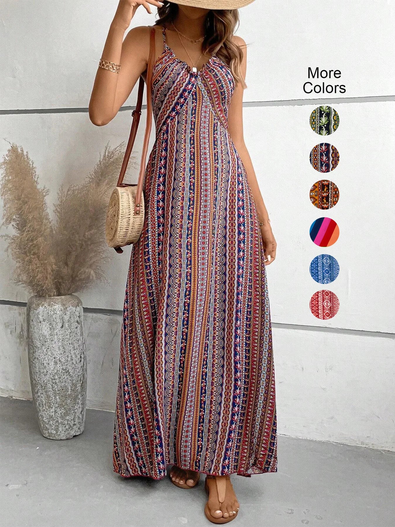 Women’s Boho V-Neck Backless Split Hem Maxi Dress