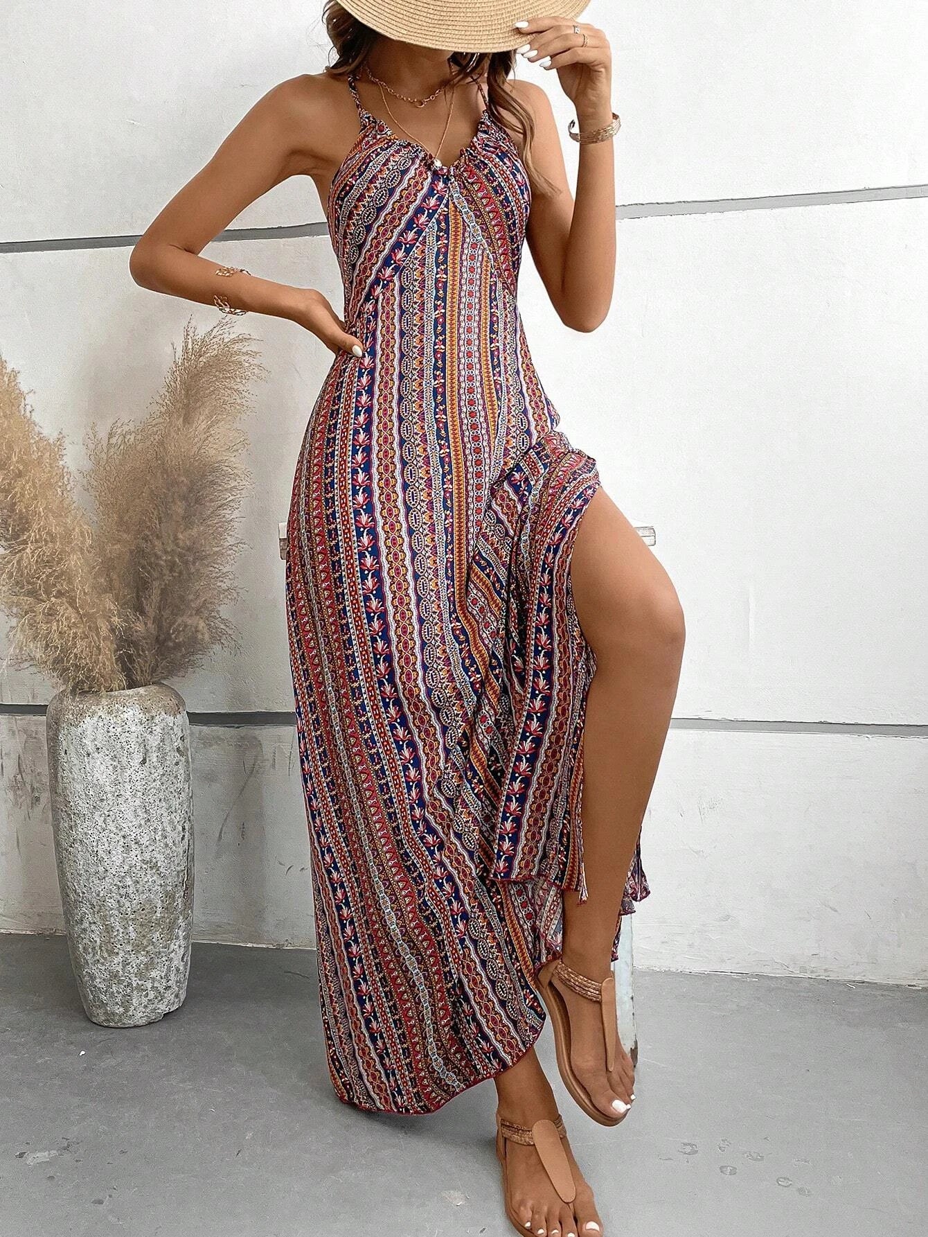 Women’s Boho V-Neck Backless Split Hem Maxi Dress