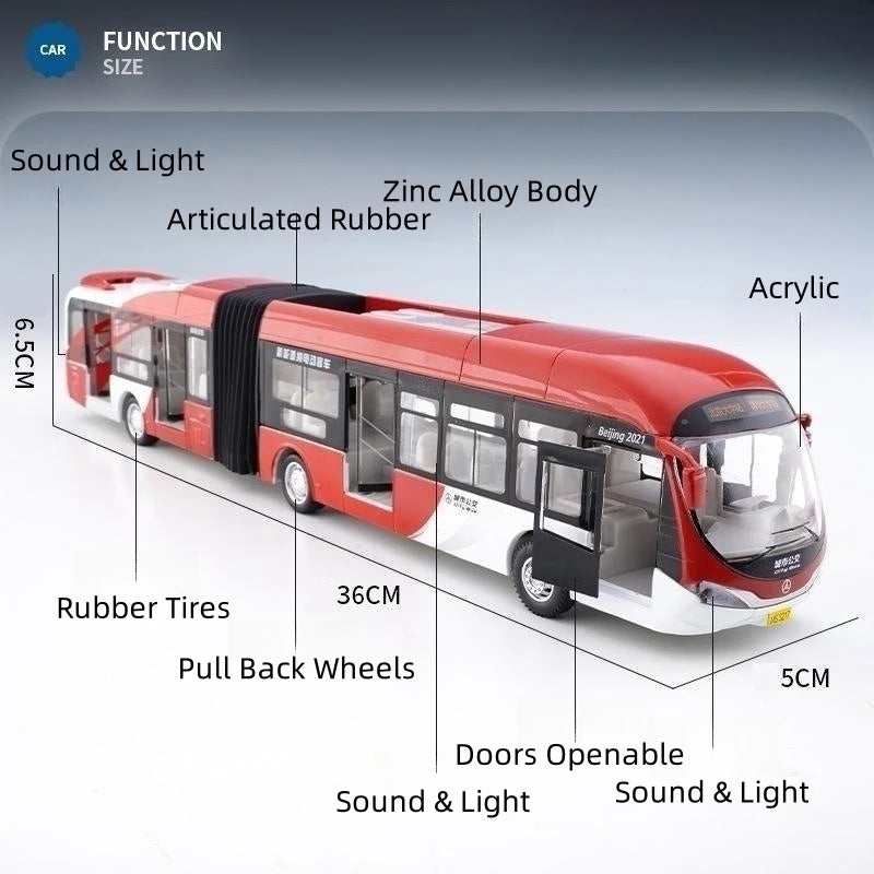Lookrover 1:32 Articulated Double Section Bus Diecast Pull Back Sound Light Open Doors Collection Gift