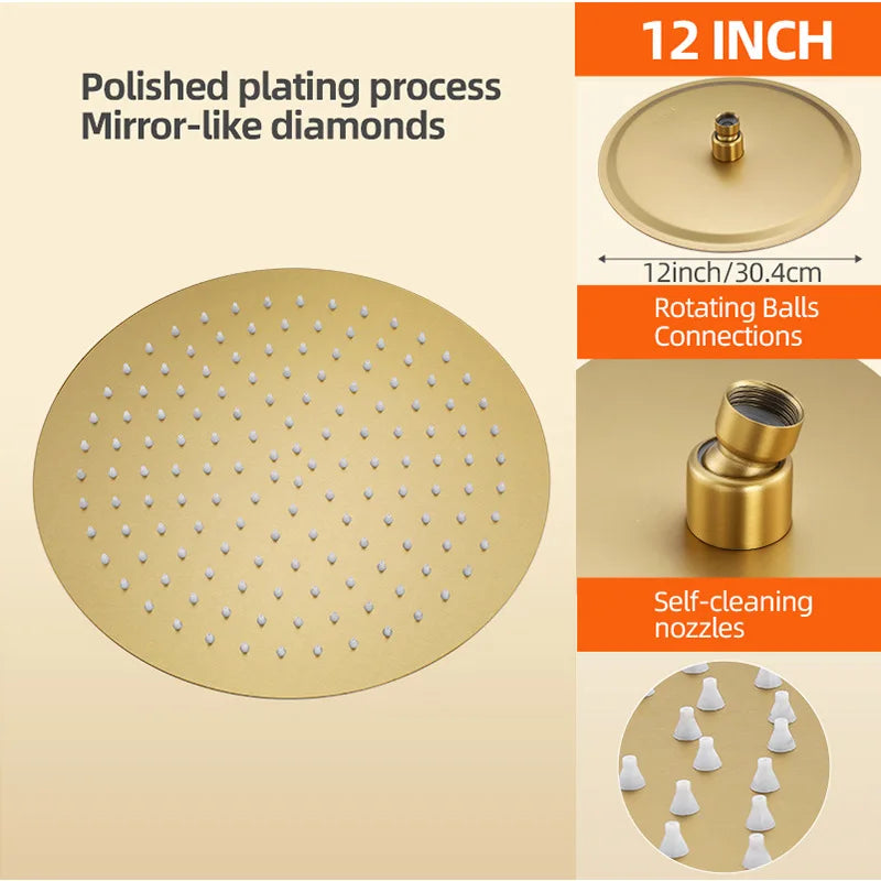Lookrover Gold Ceiling Shower Head 8/10/12 Inch Round Rainfall Flush Mount