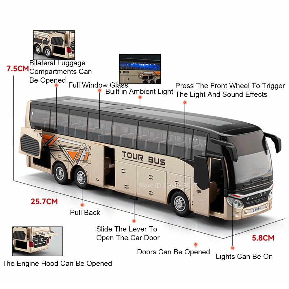 Lookrover 1:30 Double Decker Long-Distance Bus Alloy Diecast Sound Light Pull Back Doors Kids Gift