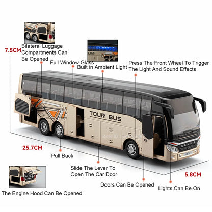 Lookrover 1:30 Double Decker Long-Distance Bus Alloy Diecast Sound Light Pull Back Doors Kids Gift