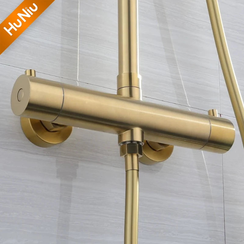 Lookrover Thermostatic Shower System Brushed Gold Wall Mount Rainfall Head