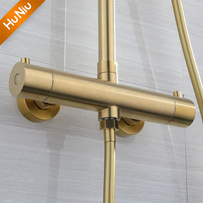Lookrover Thermostatic Shower System Brushed Gold Wall Mount Rainfall Head