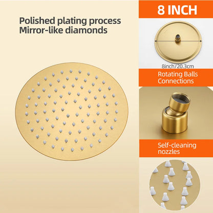 Lookrover Gold Ceiling Shower Head 8/10/12 Inch Round Rainfall Flush Mount