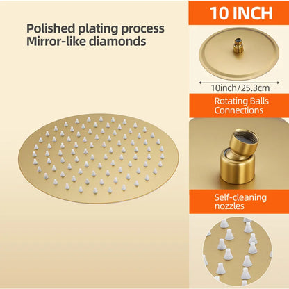 Lookrover Gold Ceiling Shower Head 8/10/12 Inch Round Rainfall Flush Mount