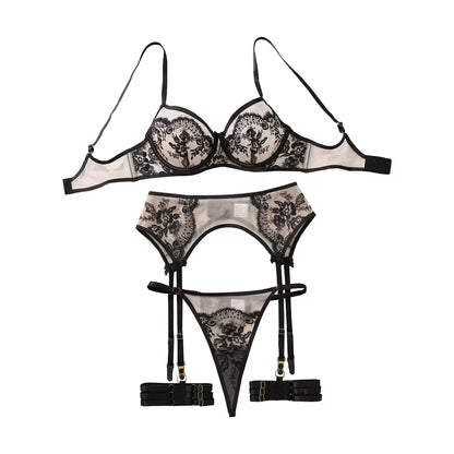 Lookrover 4-Piece Flower Embroidery Lingerie Set Pure Color Mesh Sheer Panty Women