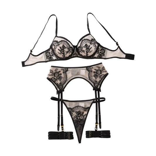 Lookrover 4-Piece Flower Embroidery Lingerie Set Pure Color Mesh Sheer Panty Women