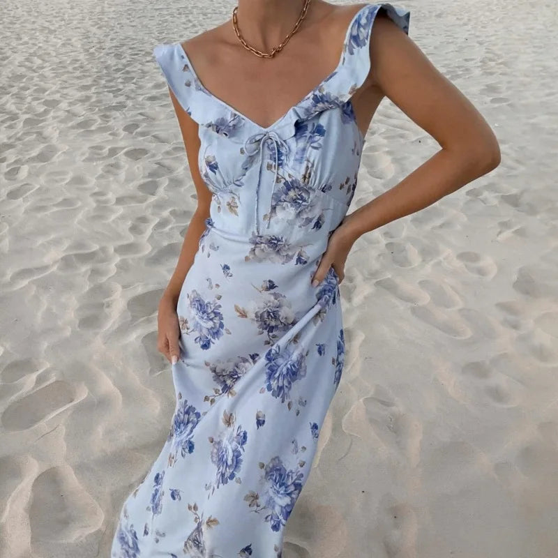 blue Color Floral Plunge Maxi Dress – Backless Ruffle Hem