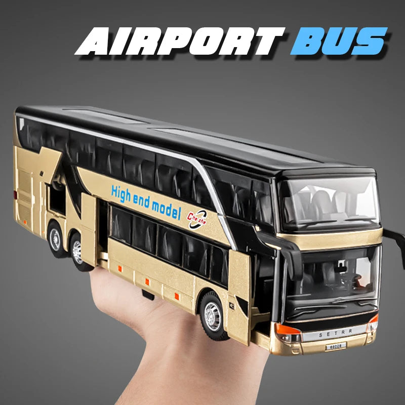 Lookrover Luxury Electric Airport Business Bus Alloy Diecast Sound Light City Tour Model Kids Toy Gift