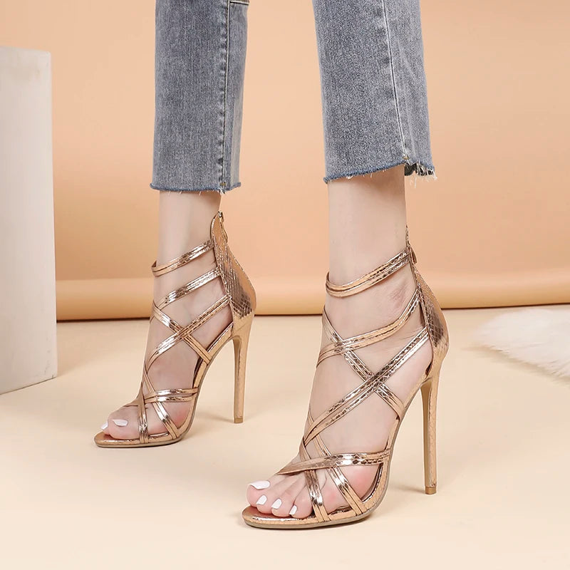 Lookrover Gold High Heel Sandals for Women Open Toe Stiletto Party Dress Shoes