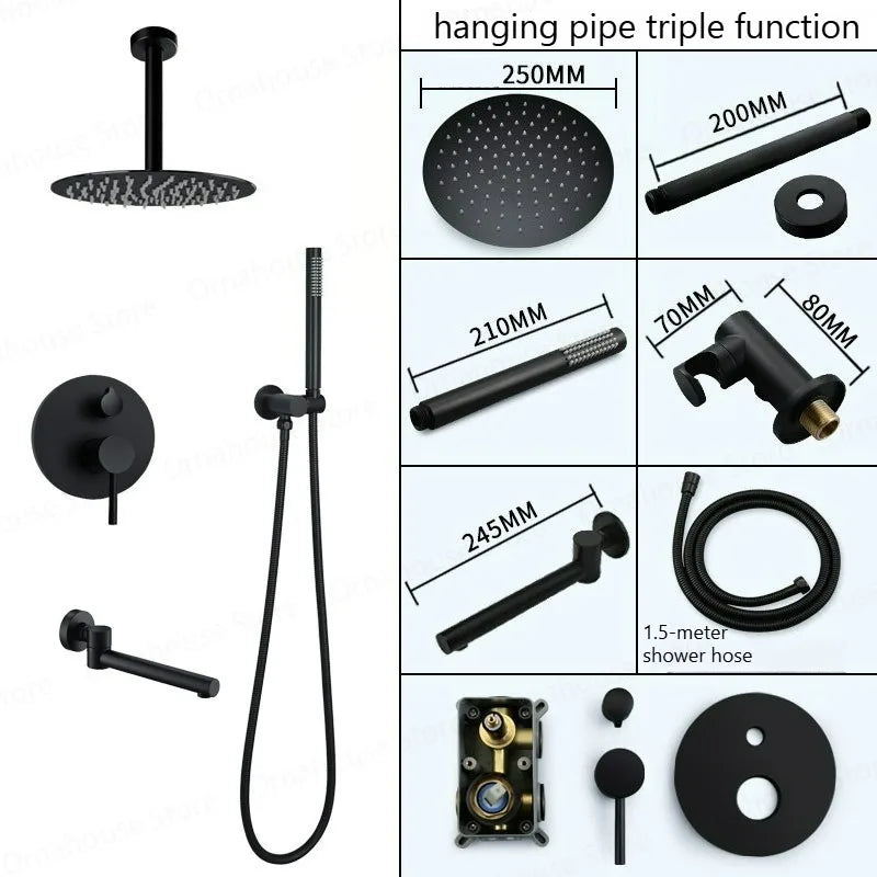 Lookrover Concealed Rain Shower Set Gold & Black Wall Mount Thermostatic System