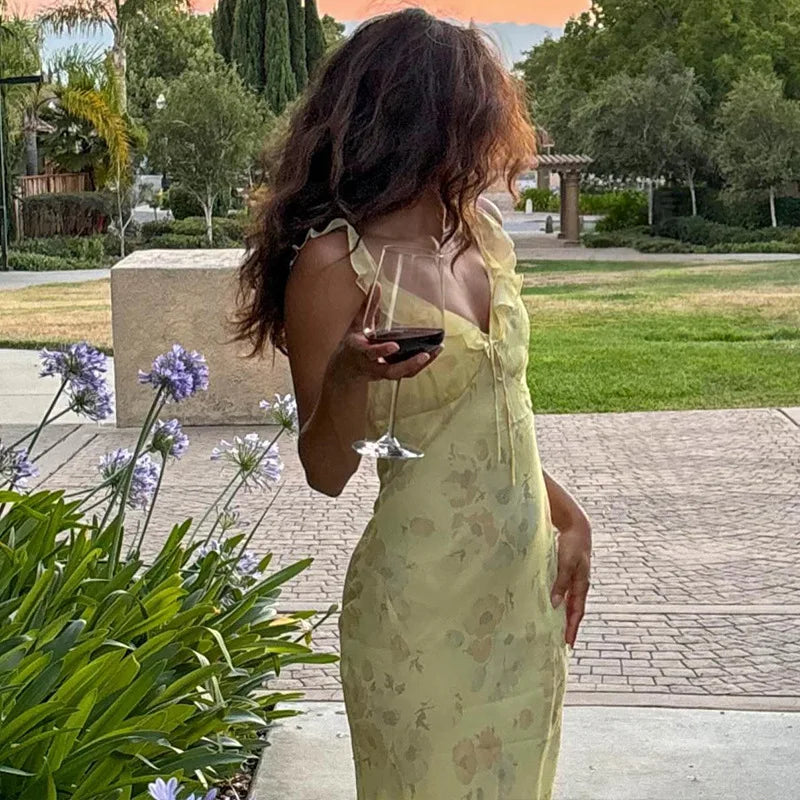 Floral Plunge Maxi Dress – Backless Ruffle Hem