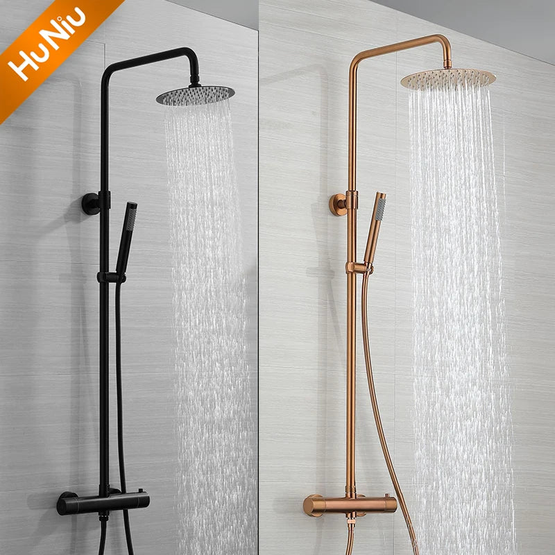 Lookrover Thermostatic Shower System Brushed Gold Wall Mount Rainfall Head